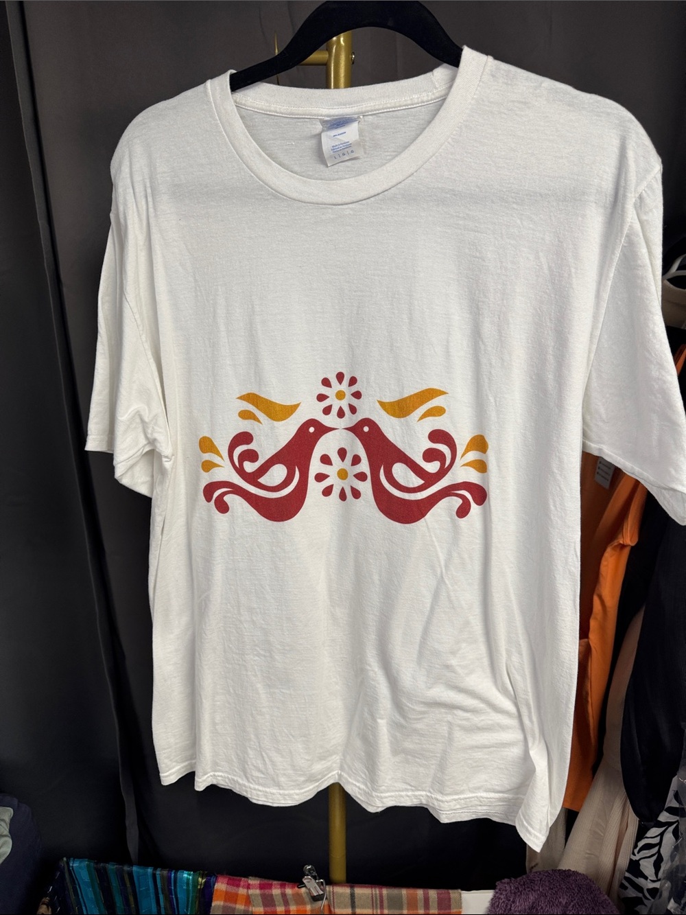 White Graphic Short-Sleeve T-Shirt with Red and Orange Pyrex Friendship Motif